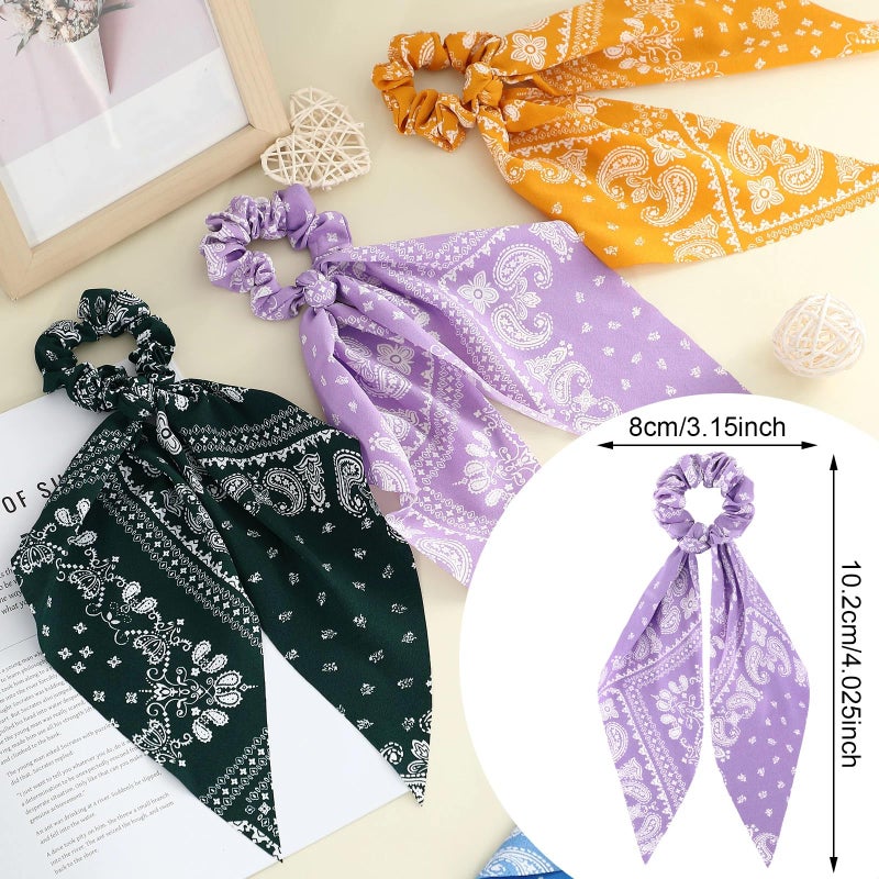 Chuangdi 10 Pcs Hair Scrunchies Hair Scarf with Ribbon Bunny Ears Chiffon Floral Bow Ponytail Holder Boho Elastic Floral Ropes 2 in 1 Vintage Accessories for Women(Paisley) - Image 3
